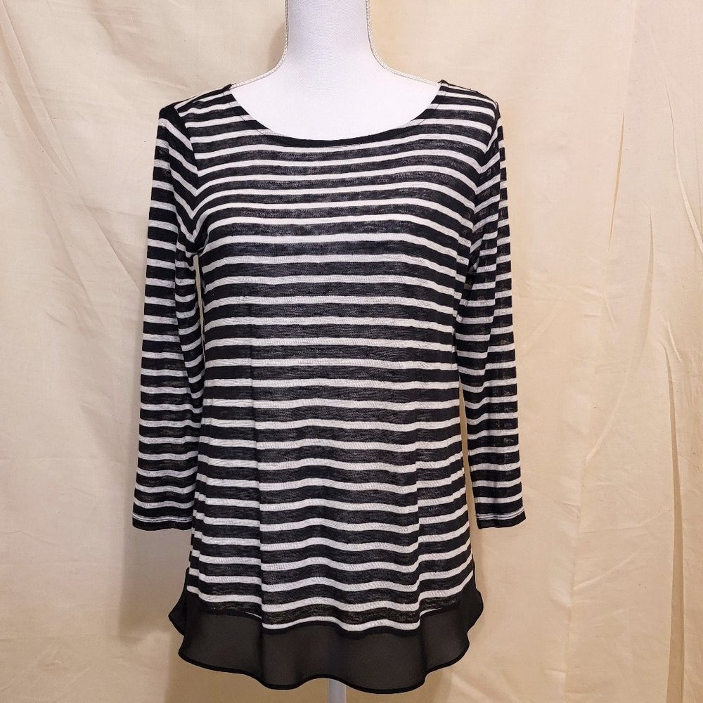 RALPH LAUREN Black & White Striped Linen Blouse with Chiffon Bottom Ruff…